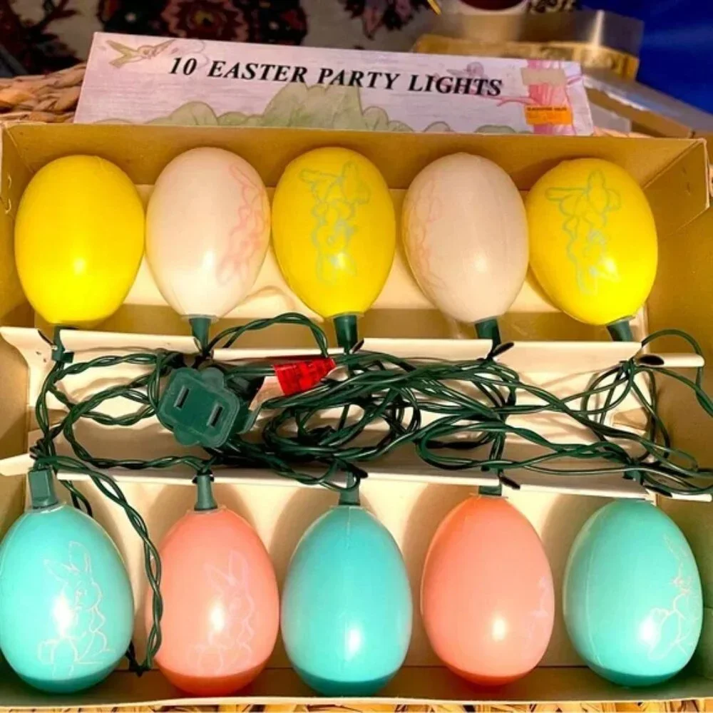 Vtg STRING EASTER EGG LIGHTS Easter Decor original box 10 lights indoor/outdoor